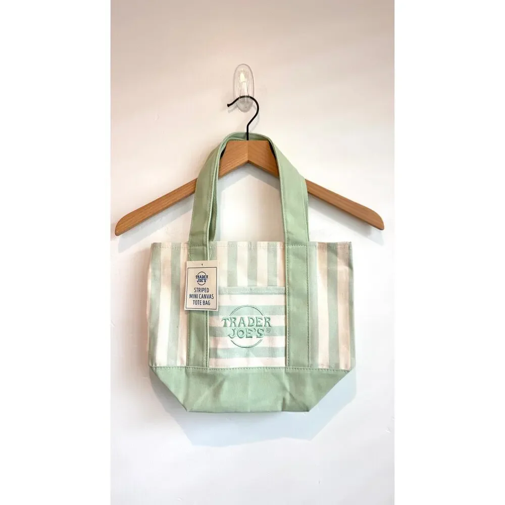 Trader Joe's Mini Striped Canvas Tote Bag Green White Stripe